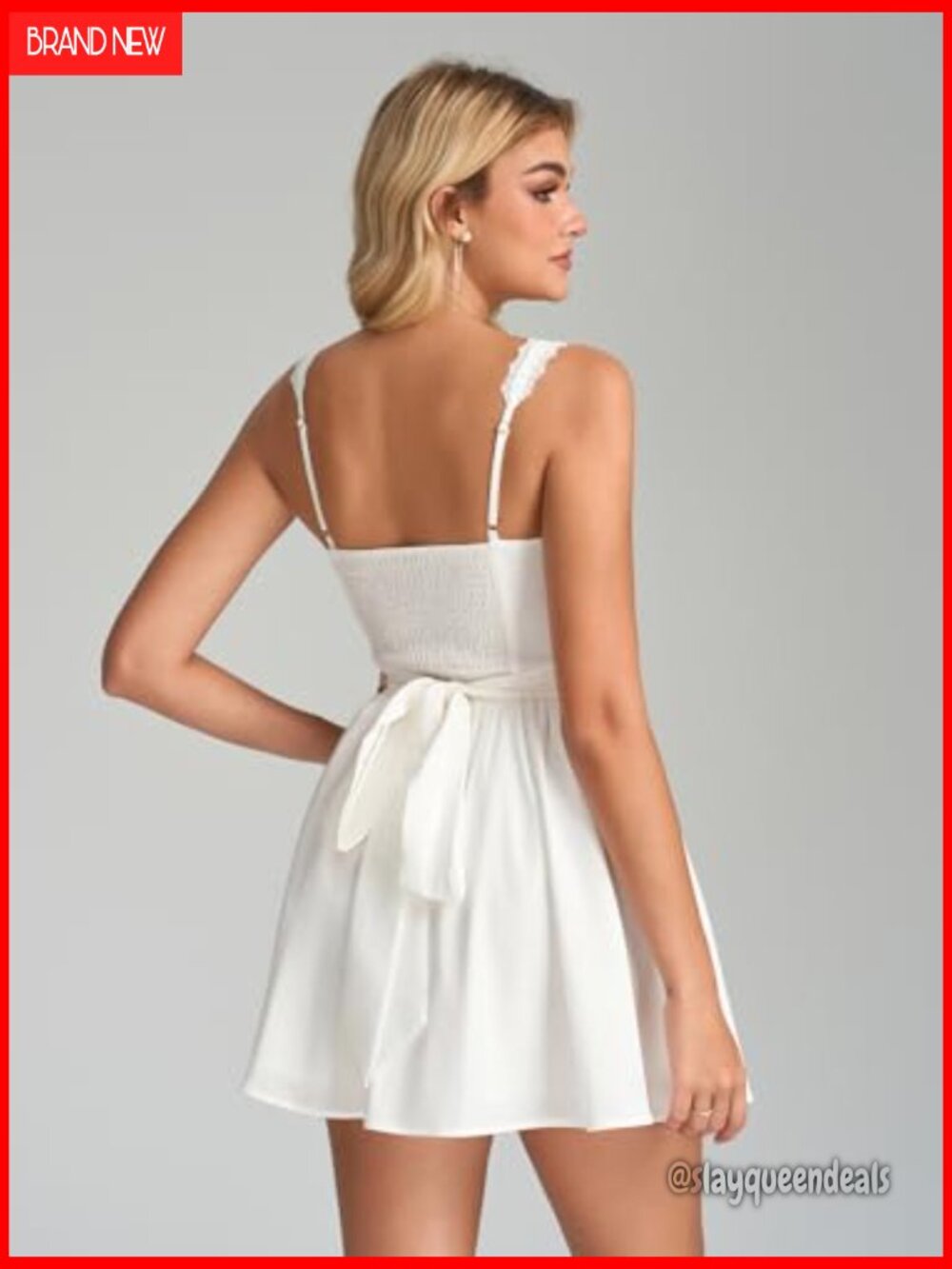 Lace Floral Corset Mini Dress Bow Tie Smocked Flowy Short Graduation Dresses - Picture 3 of 6